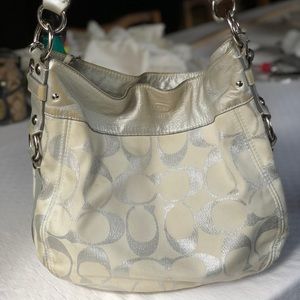 White and Silver Monogrammed Coach Purse